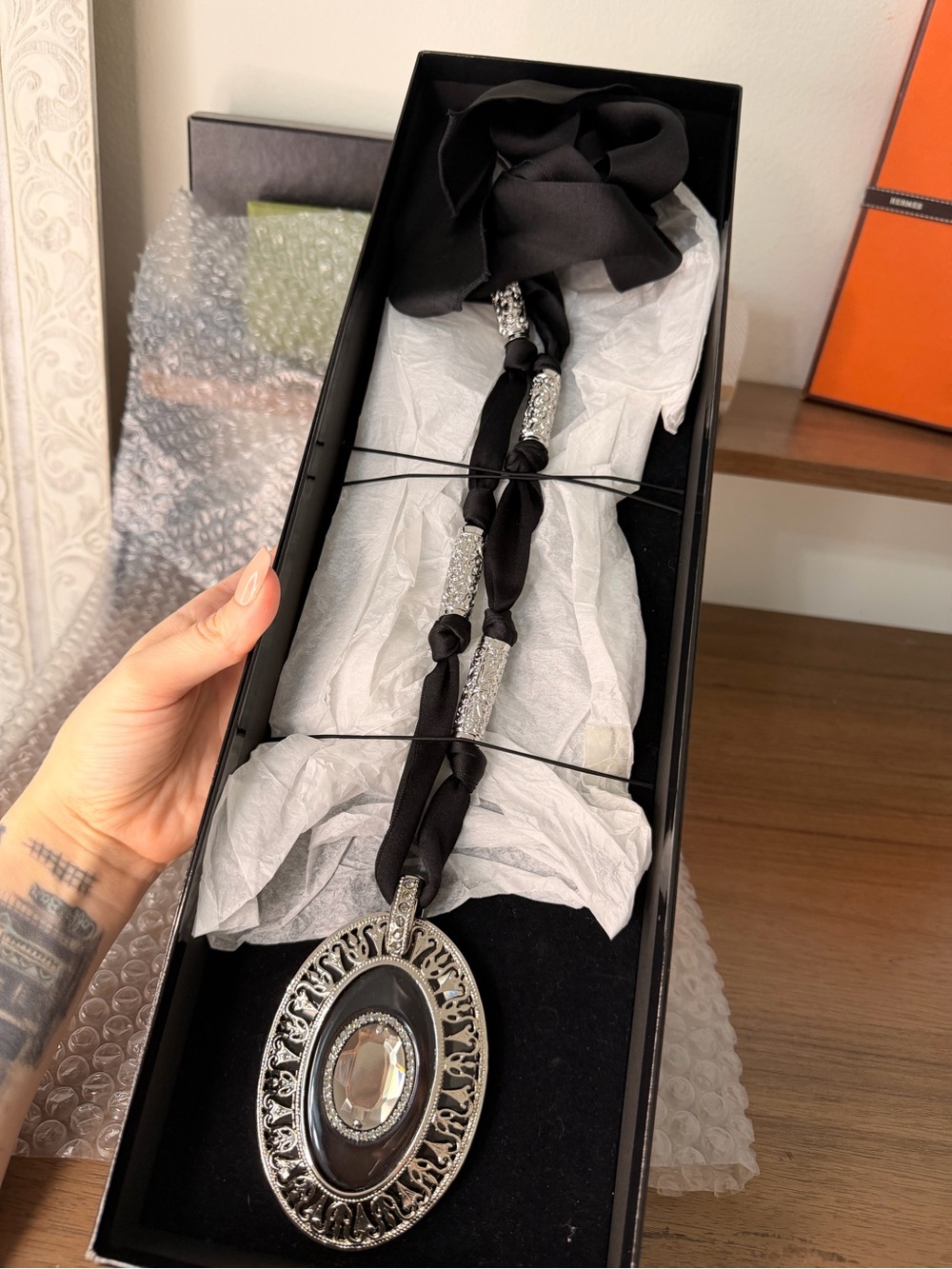AUTHENTIC - Lanvin Silver Fashion Necklace with Silk Neck Tie